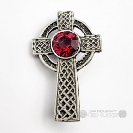 Tall Celtic Cross Brooch with Red Stone