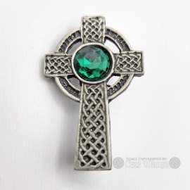 Tall Celtic Cross Brooch with Green Stone