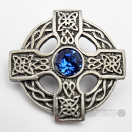 Round Celtic Cross Brooch with Blue Stone