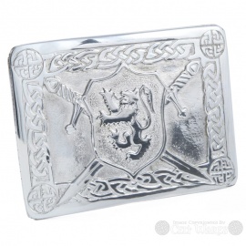 Pewter Belt Buckle - Rampant Lion Shield & Swords