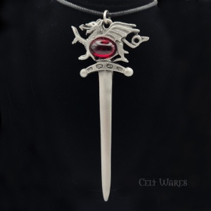 Welsh Dragon Sword Pendant with Red Glass Gem Stone