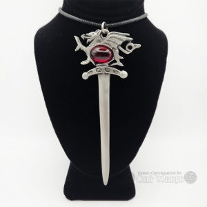Welsh Dragon Sword Pendant with Red Glass Gem Stone